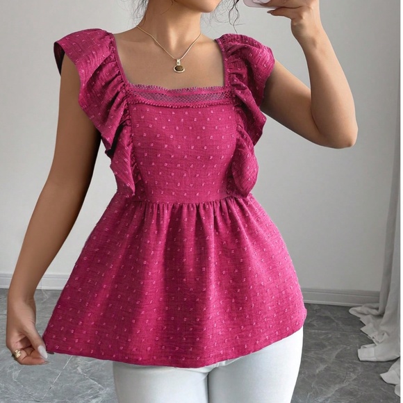 Boho Swiss Dot Ruffle Sleeve Babydoll Blouse - Picture 3 of 6